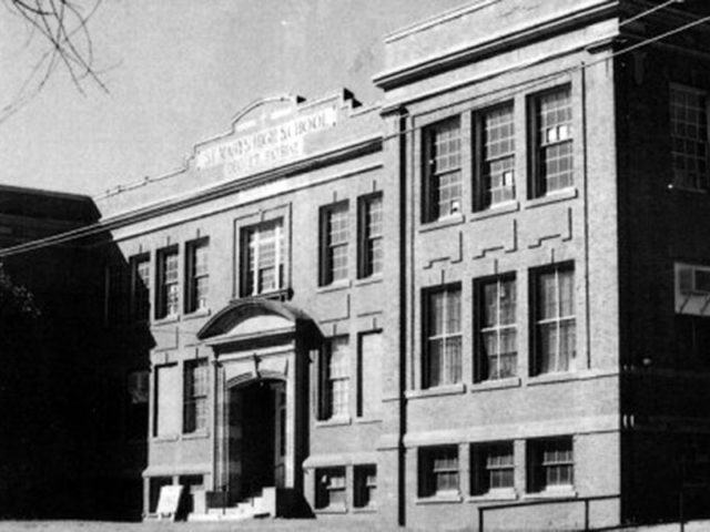 St. Mary's High School, Waltham, MA, black & white photo.